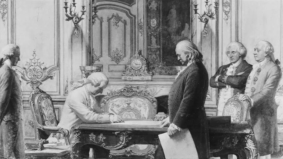 Signing the treaties of alliance and of amity and commerce with France, Paris, 6 February 1778 (Charles E. Mills): Franklin stands with a paper as Gérard signs, with Lee and Deane behind.