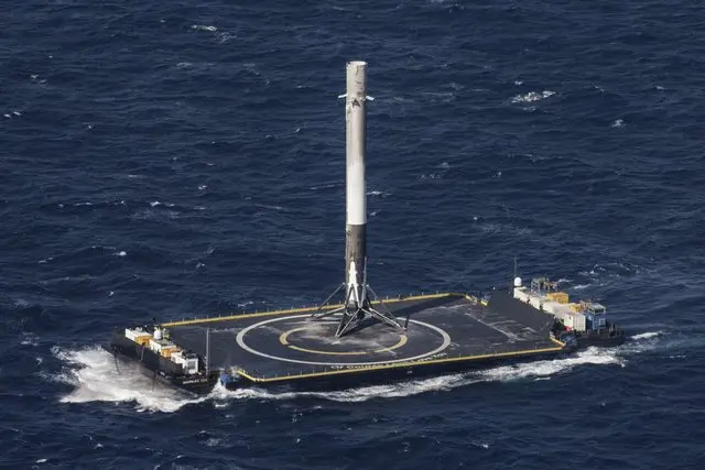 Booster B1021 rides the drone ship Of Course I Still Love You after the first landing at sea, April 2016.