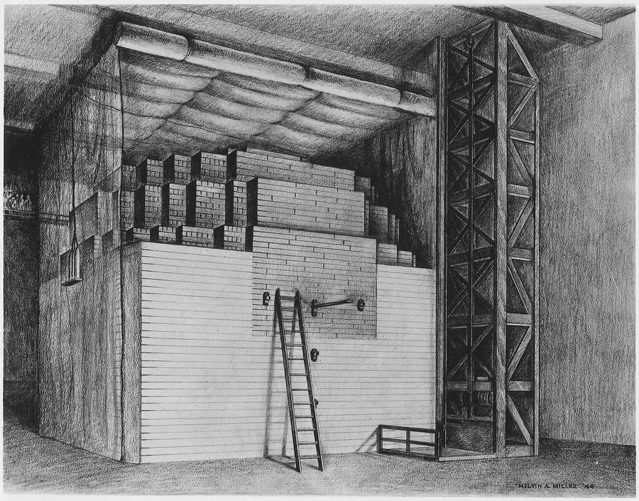 Chicago Pile-1, the first nuclear reactor, as built under the west stands of Stagg Field in 1942, drawn by Melvin A. Miller in 1946.