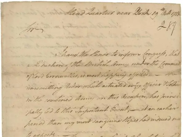 Washington’s letter to Congress announcing the surrender, 19 October 1781.