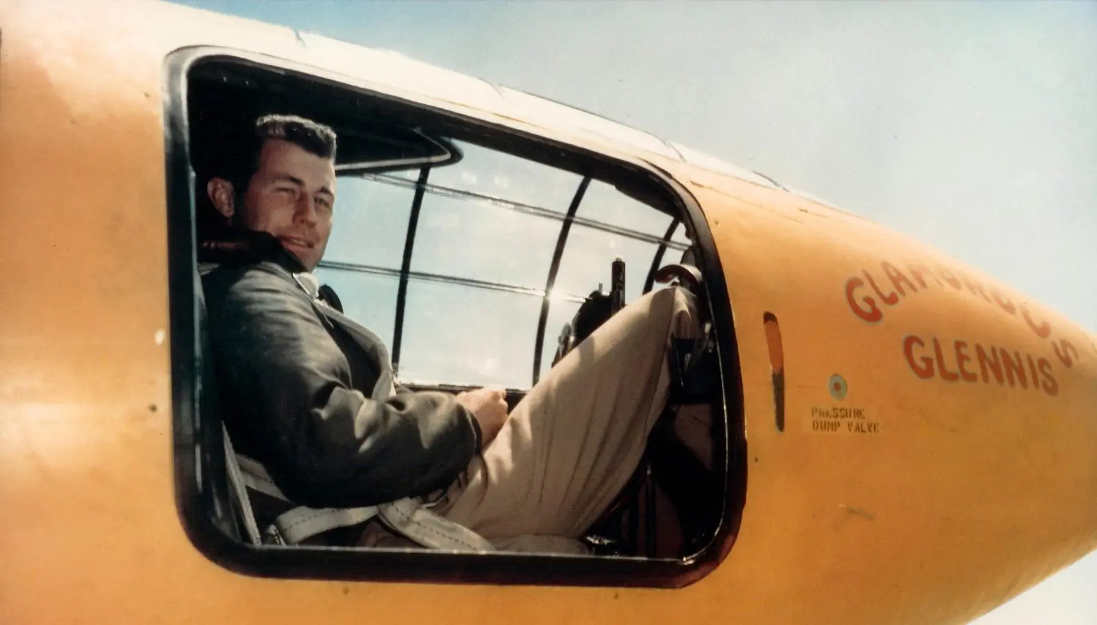 Capt. Chuck Yeager in the cockpit of Glamorous Glennis, photographed by Jack Ridley on September 26, 1947.
