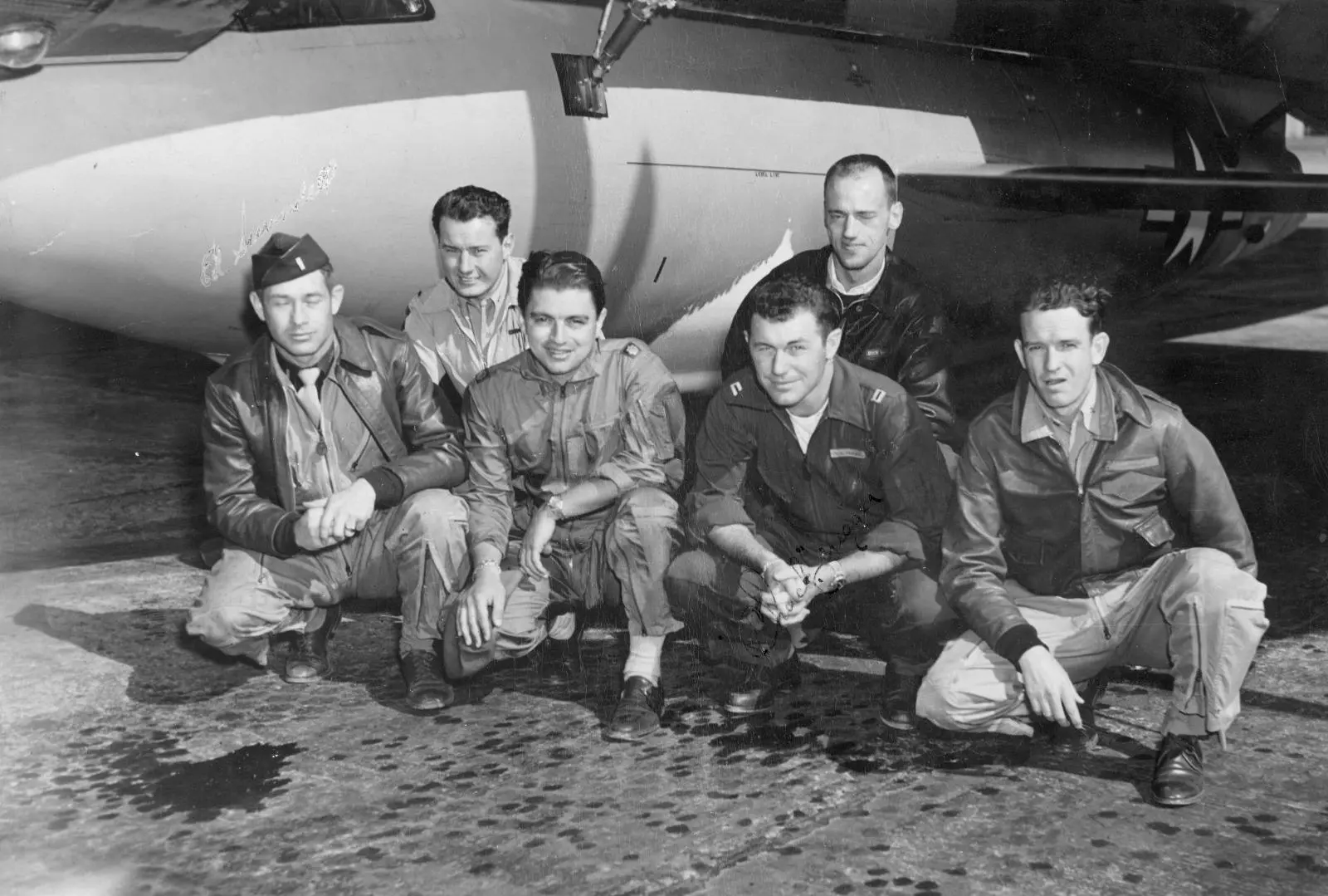The Mach 1 team at Muroc, October 28, 1947: Ed Swindell, Bob Hoover, Bob Cardenas, Chuck Yeager, Dick Frost and Jack Ridley.