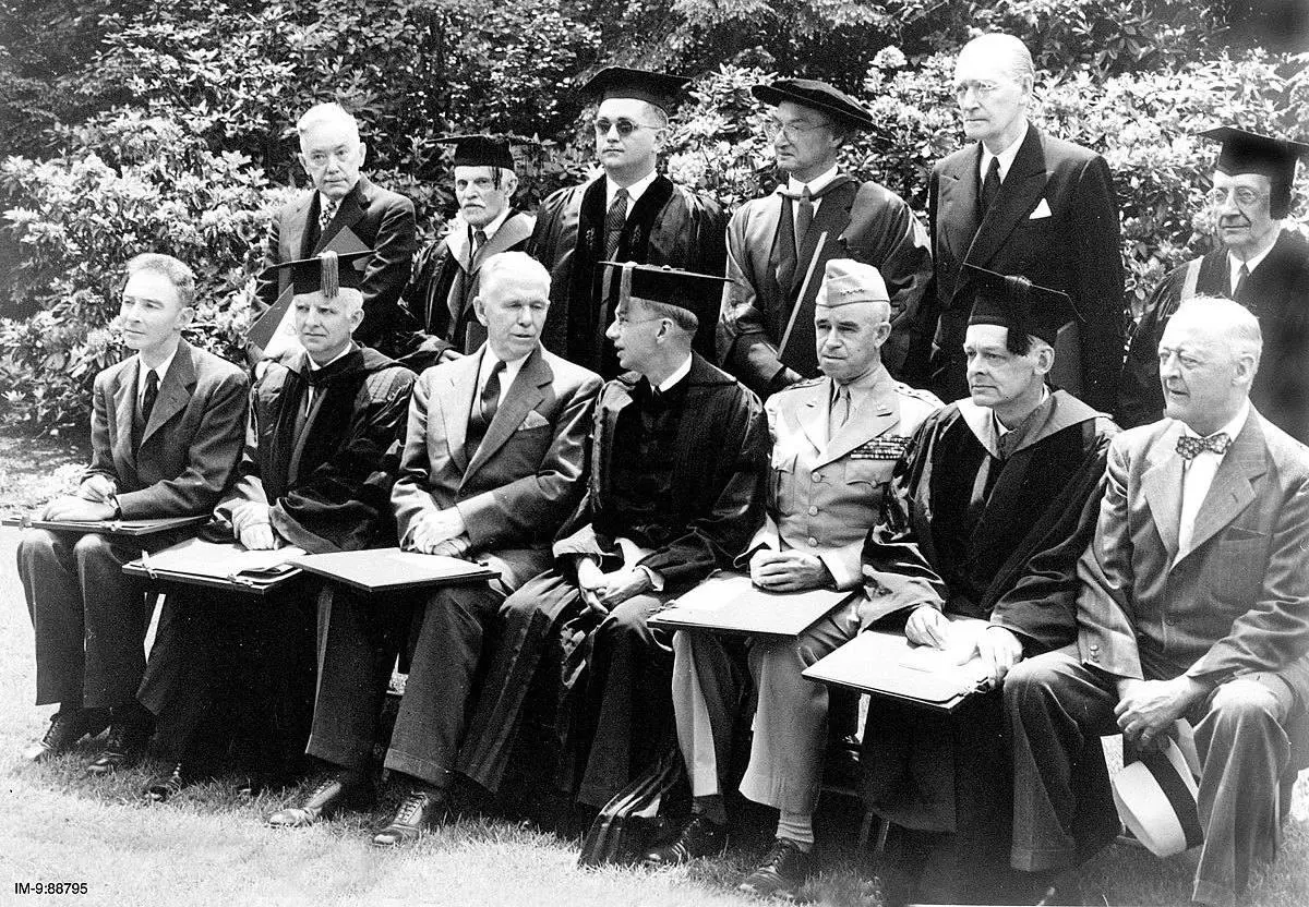 Harvard’s honorary degree recipients on 5 June 1947, the day of the speech. Marshall sits third from left in the front row beside Harvard president James Conant, with J. Robert Oppenheimer at far left and Omar Bradley and T. S. Eliot to the right.
