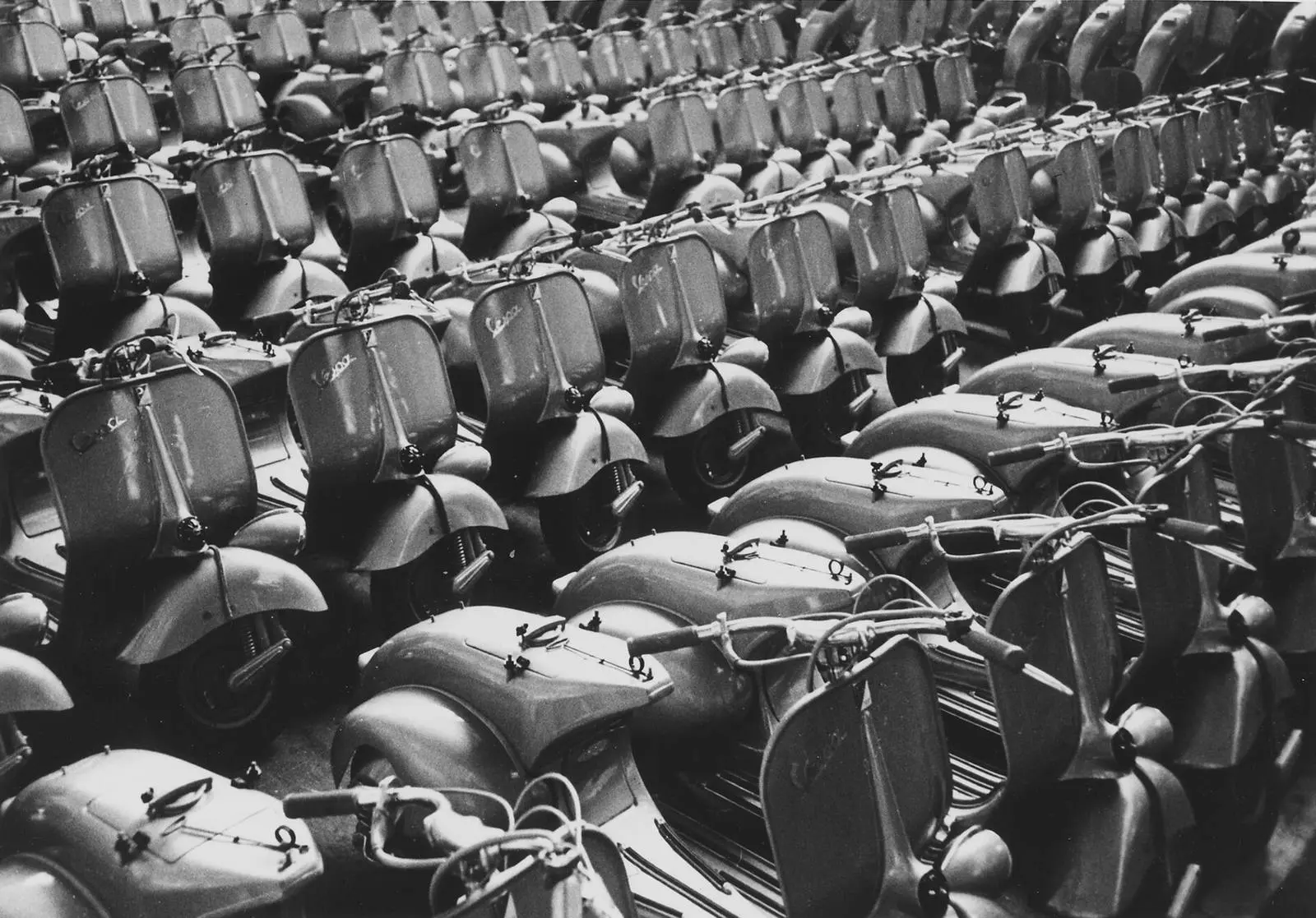 Rows of new Vespa scooters at the Piaggio plant in Pontedera, near Pisa. Marshall Plan funds helped put Italian factories back into production.