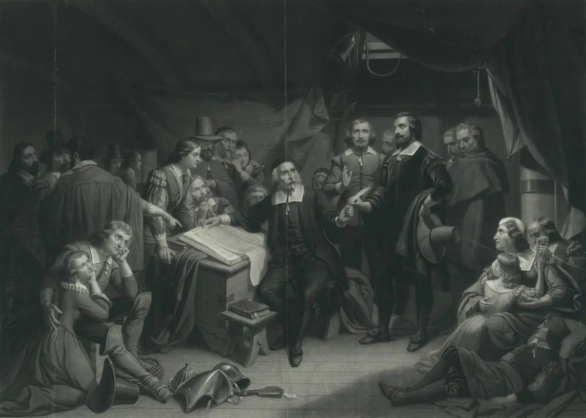 The Pilgrims signing the Compact on board the Mayflower, 11 November 1620, engraved by Gauthier in 1859 after a painting by T. H. Matteson.