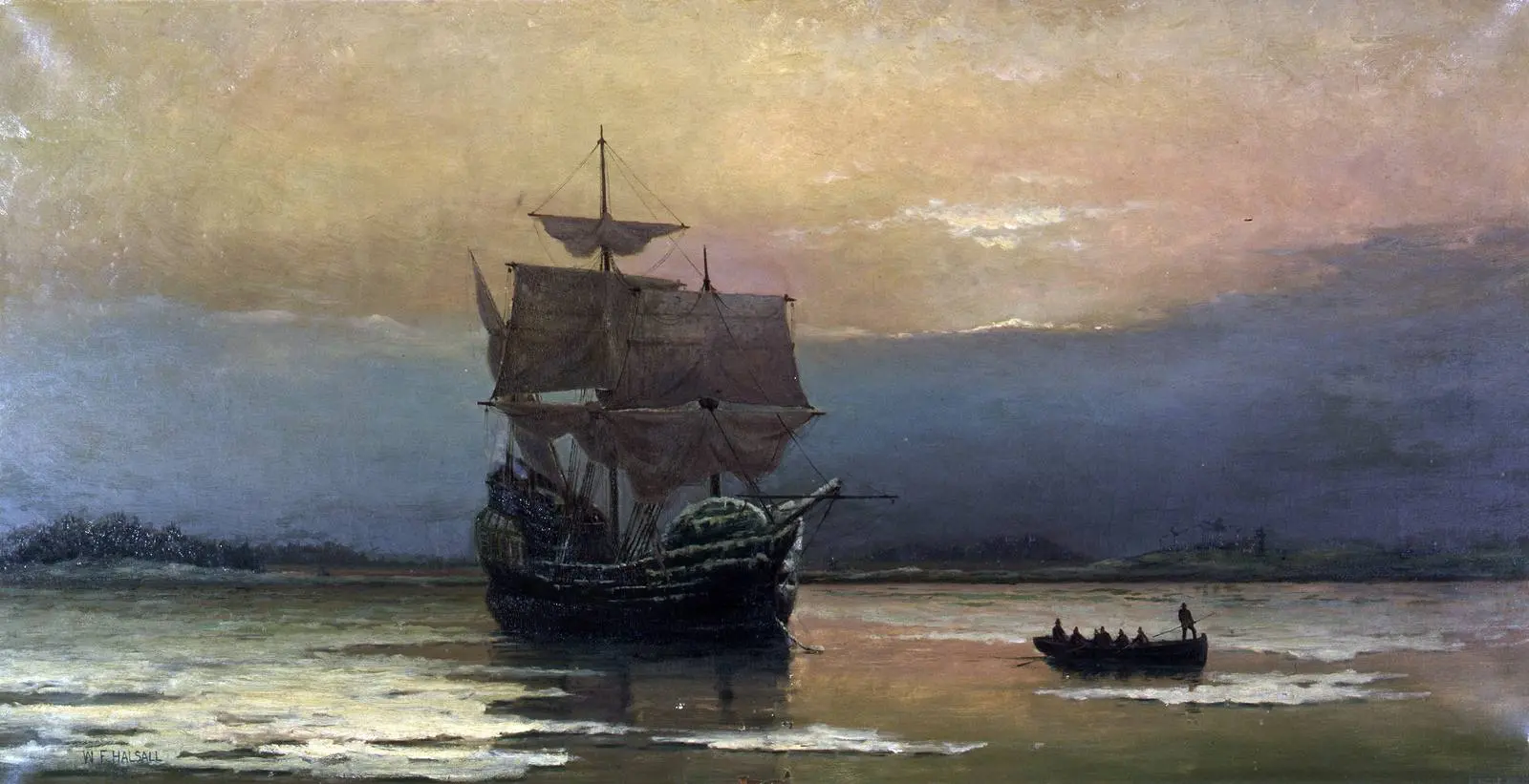 The Mayflower at anchor in Plymouth Harbor, painted by William Halsall in 1882.