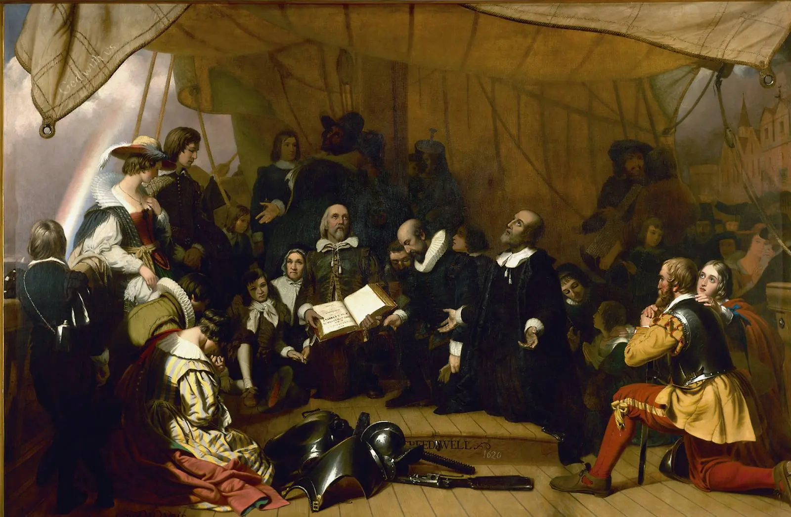 Embarkation of the Pilgrims, Robert W. Weir's 1843 painting in the U.S. Capitol Rotunda: Elder William Brewster holds the Bible as the congregation prays aboard the Speedwell at Delfshaven, Holland, in July 1620.