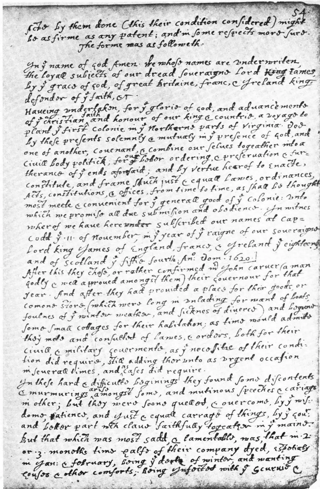 The Mayflower Compact in William Bradford's own hand, page 54 of his manuscript Of Plimoth Plantation, now held by the Commonwealth of Massachusetts.