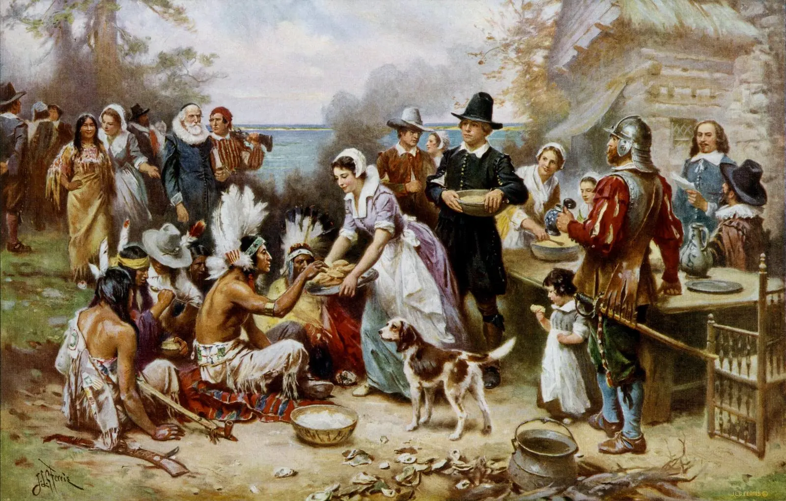 The First Thanksgiving, 1621, as imagined by Jean Leon Gerome Ferris around 1912 to 1915.