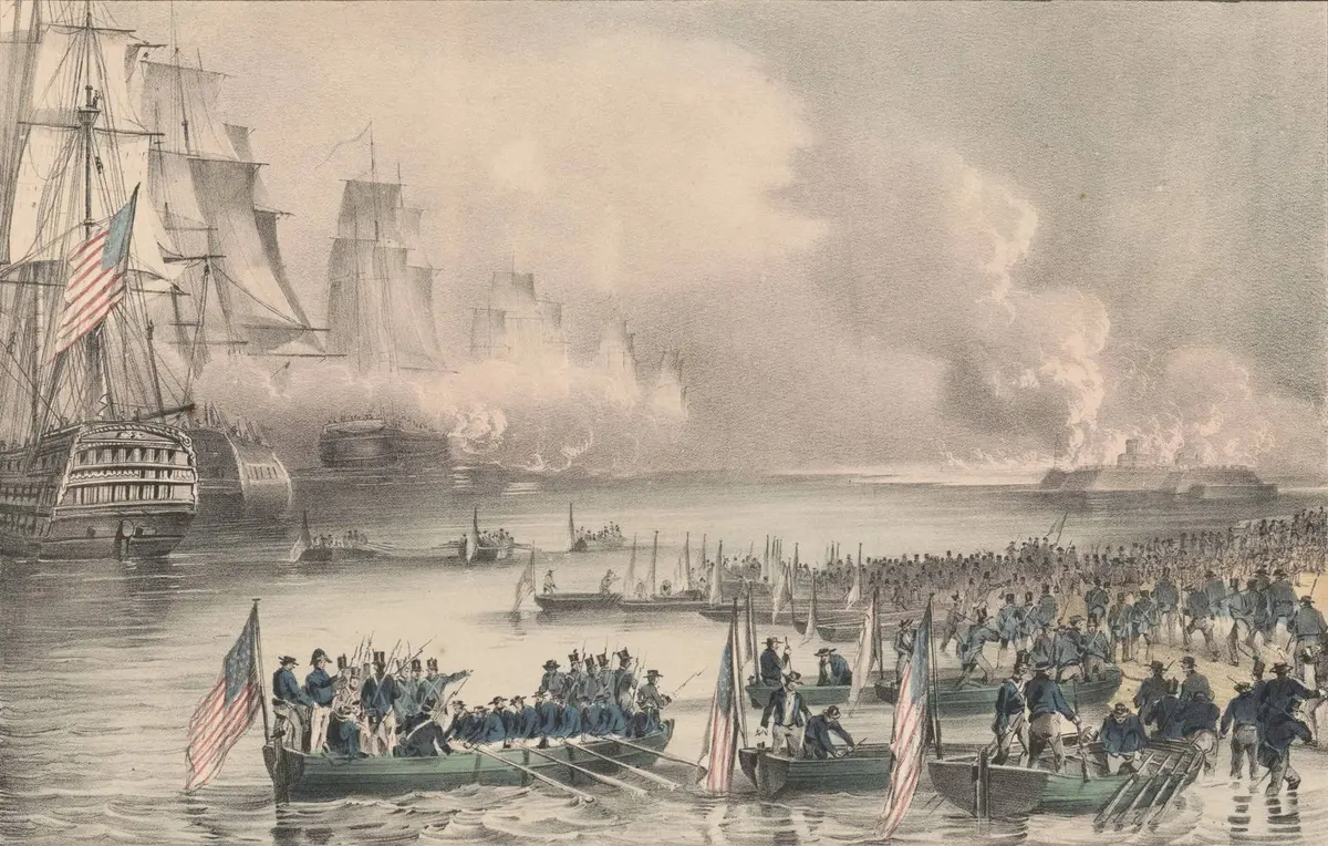 Surfboats under American colors carry Scott’s army onto the beach near Veracruz, 9 March 1847 (N. Currier, 1847).