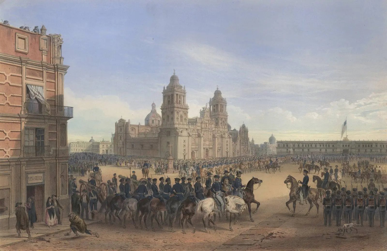 Scott rides into the Grand Plaza of Mexico City on 14 September 1847, the Stars and Stripes over the National Palace (Carl Nebel, 1851).