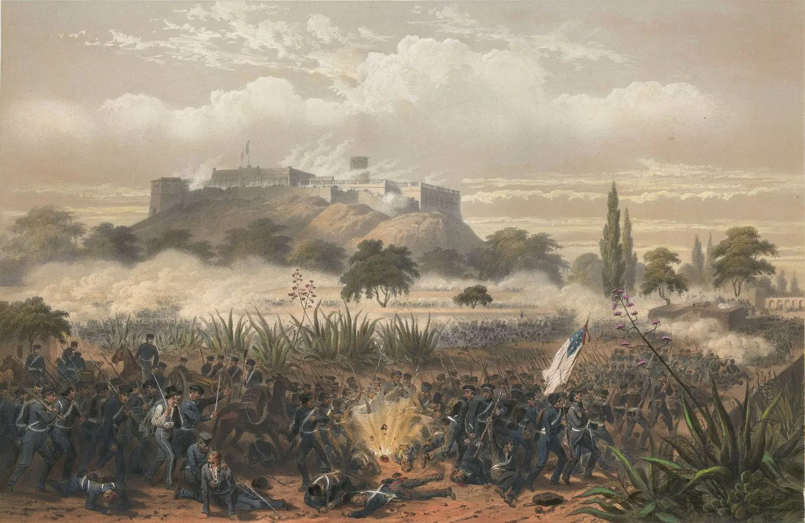 Quitman’s division charges toward Chapultepec along the Tacubaya road, the castle on its hill beyond (Carl Nebel, 1851).