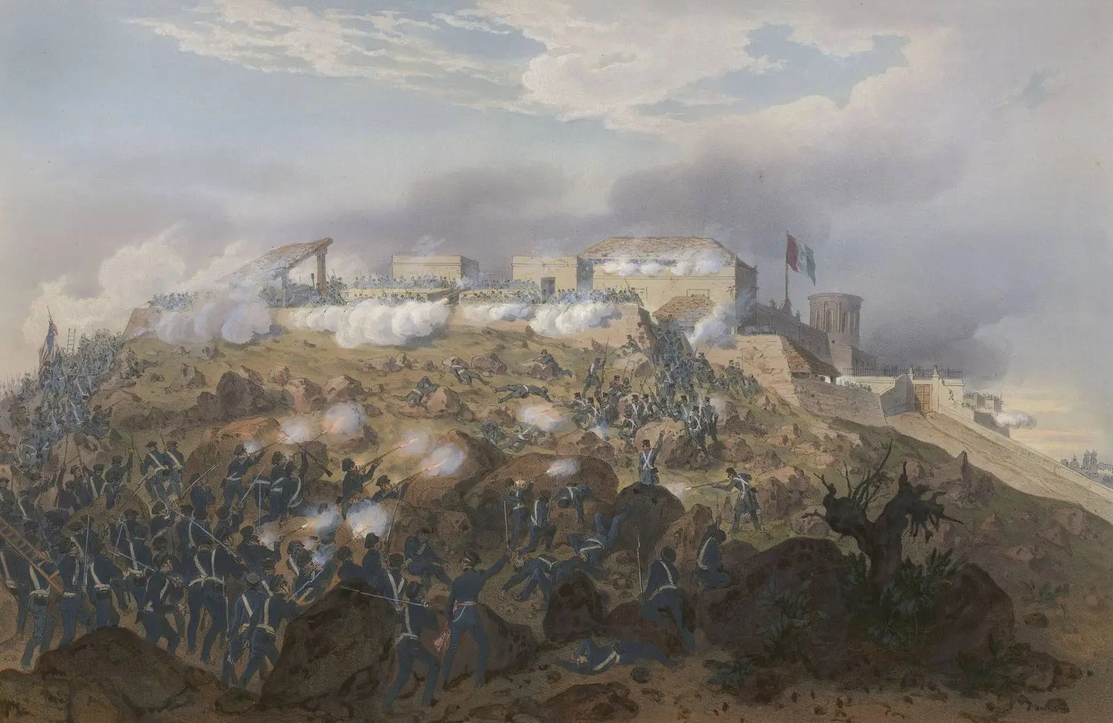 Pillow’s column storms Chapultepec on 13 September 1847, scaling ladders against the castle walls (Carl Nebel, 1851).