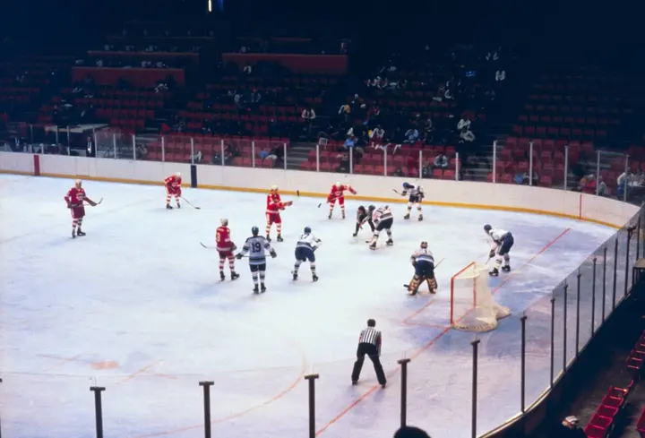 A hockey game in the Olympic Field House during the 1980 Winter Games at Lake Placid