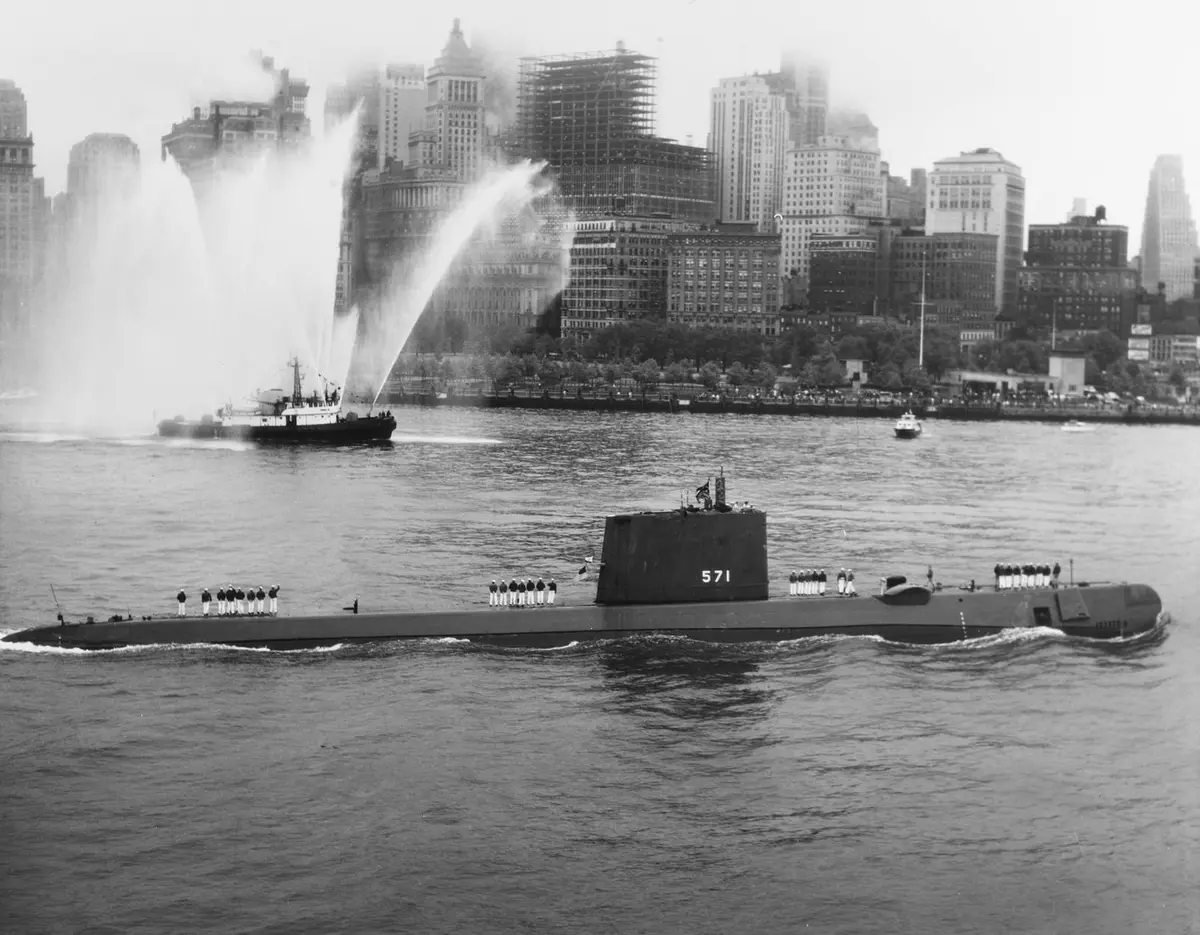 Fireboats salute Nautilus as she steams into New York Harbor on 25 August 1958, home from the North Pole.