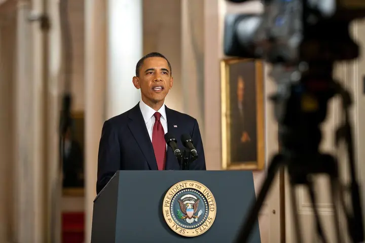 President Obama announces the mission’s success to the nation from the East Room of the White House, 11:35 p.m., 1 May 2011
