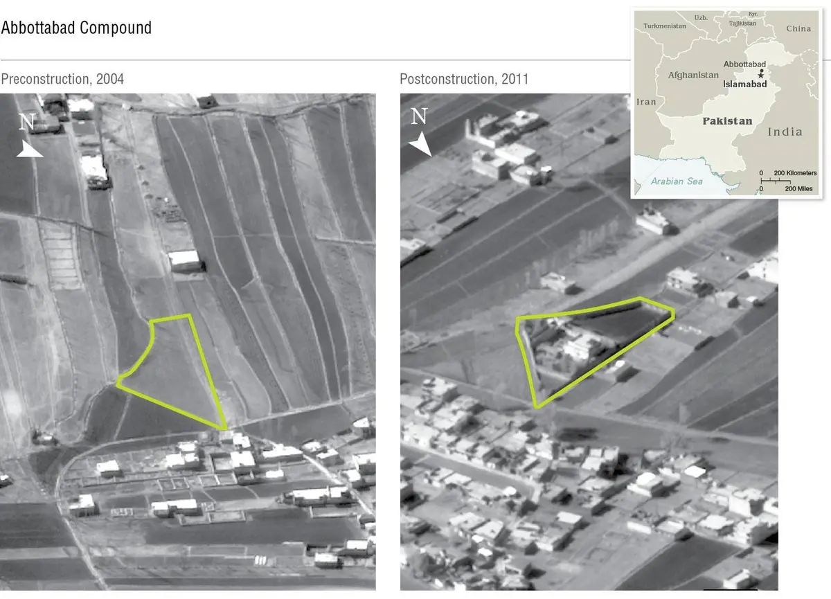 CIA imagery of the Abbottabad site in 2004, before the compound was built, and in 2011