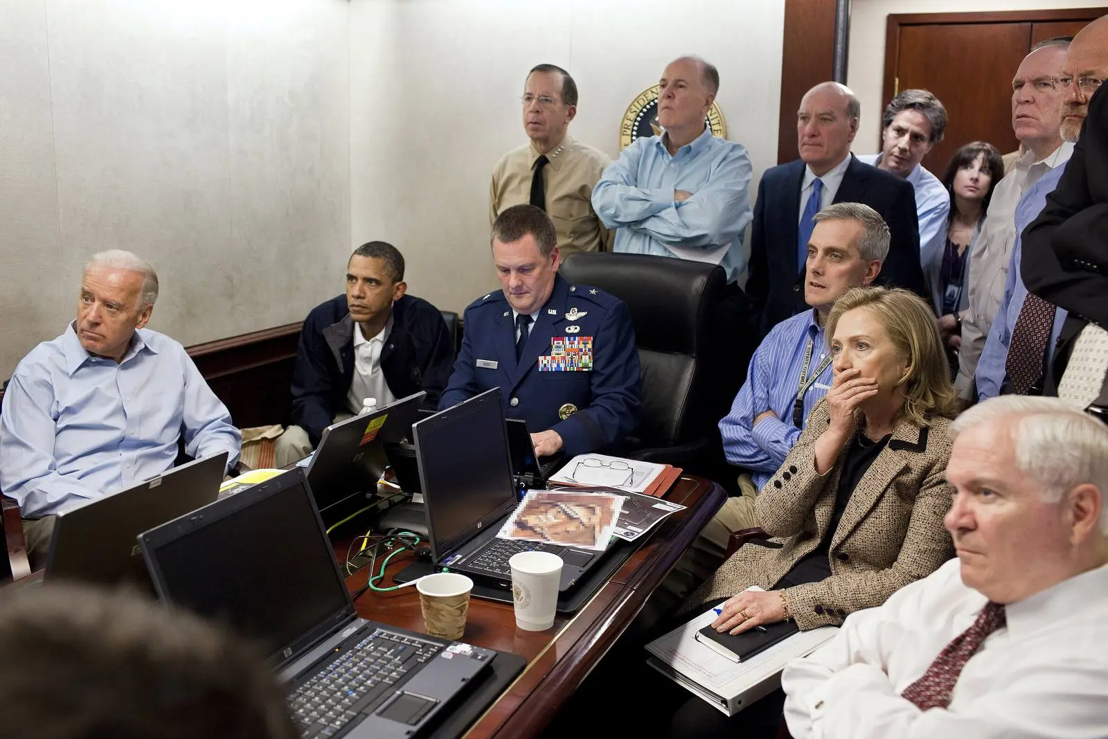 President Obama, Vice President Biden and the national security team receive an update on the mission in the White House Situation Room, 1 May 2011