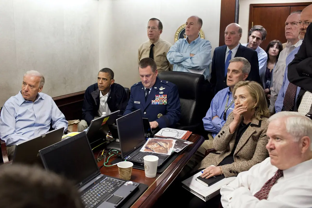President Obama, Vice President Biden and the national security team receive an update on the mission in the White House Situation Room, 1 May 2011