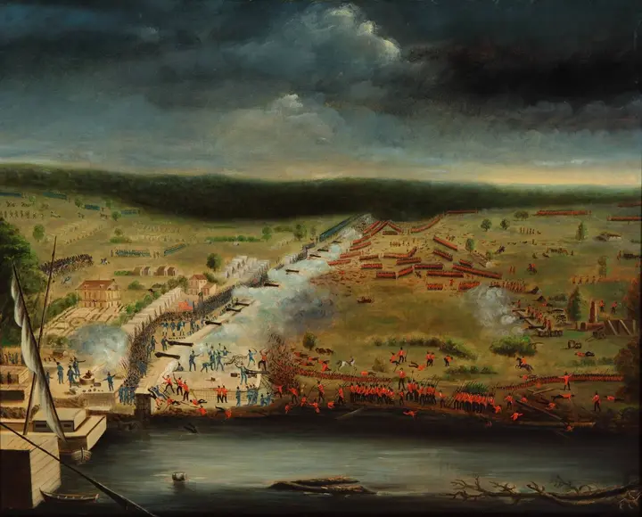 The battle as painted by Jean Hyacinthe de Laclotte, an engineer in Jackson’s army, from his sketches on the field: Line Jackson runs from the river to the swamp as the British columns attack (1815).