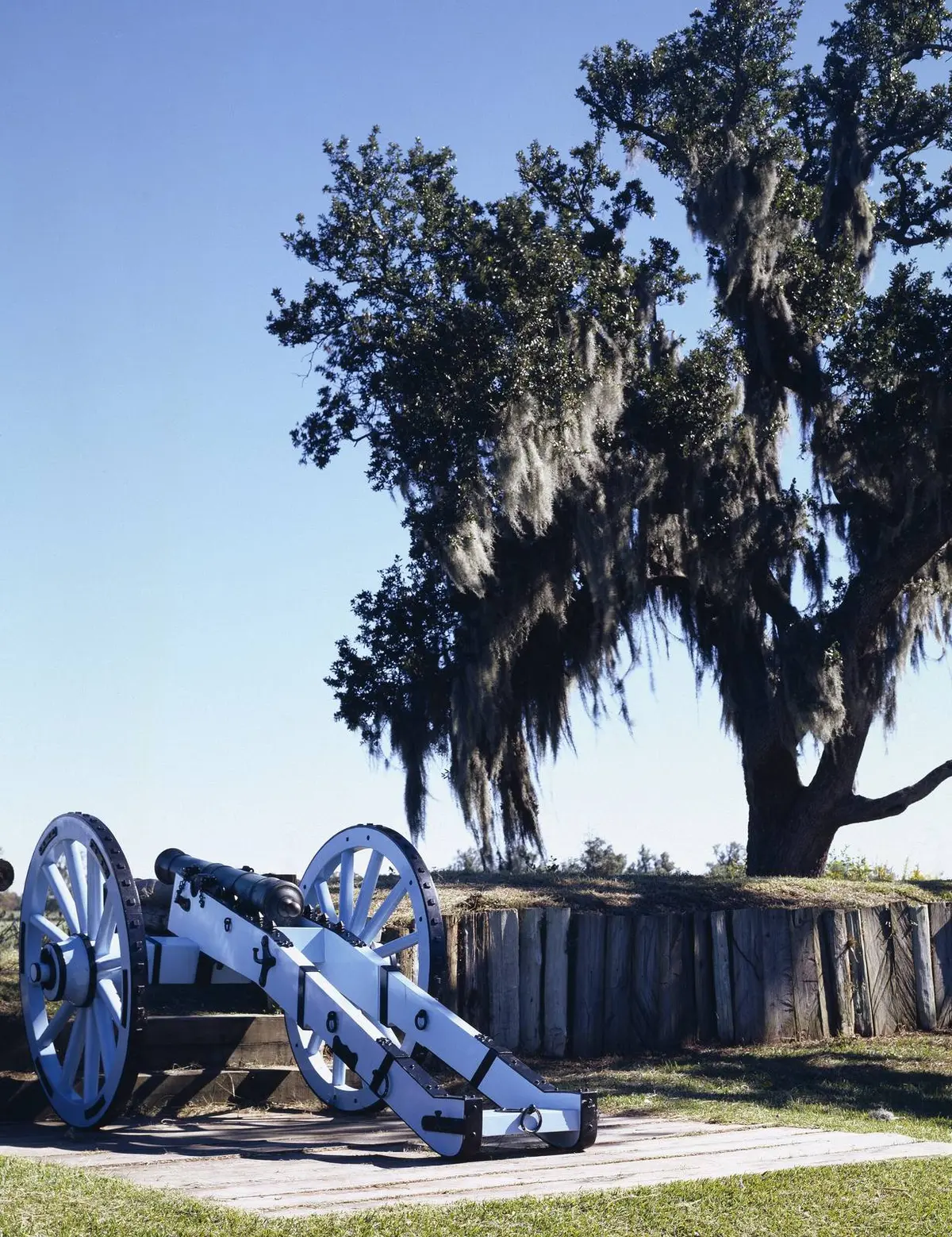 A reproduction cannon behind the rebuilt rampart at Chalmette Battlefield.