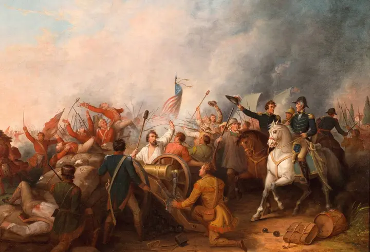 Andrew Jackson rides among his gunners and riflemen as the British assault breaks on 8 January 1815 (Dennis Malone Carter, 1856).