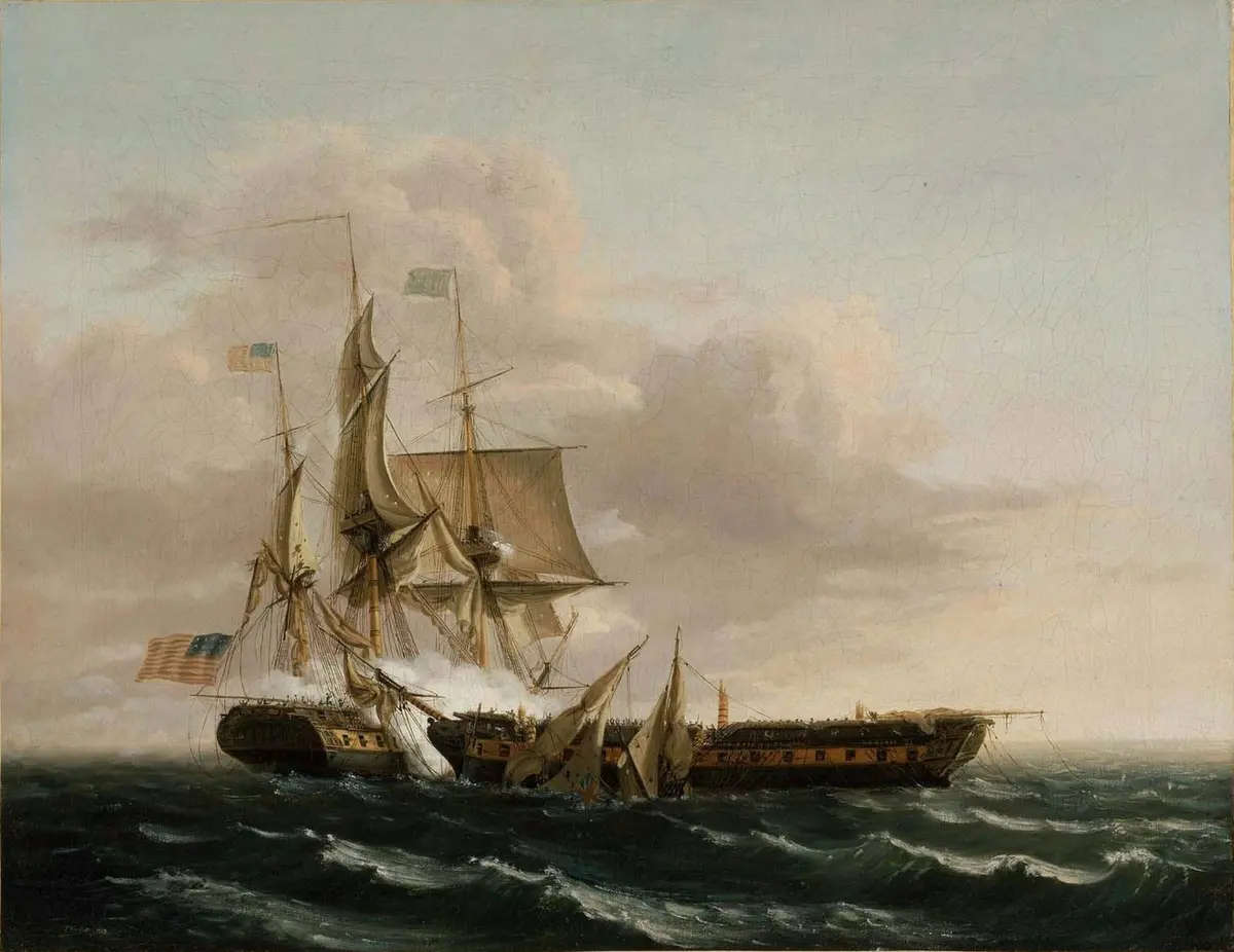 Guerriere’s masts come down under Constitution’s guns (Thomas Birch, 1813).