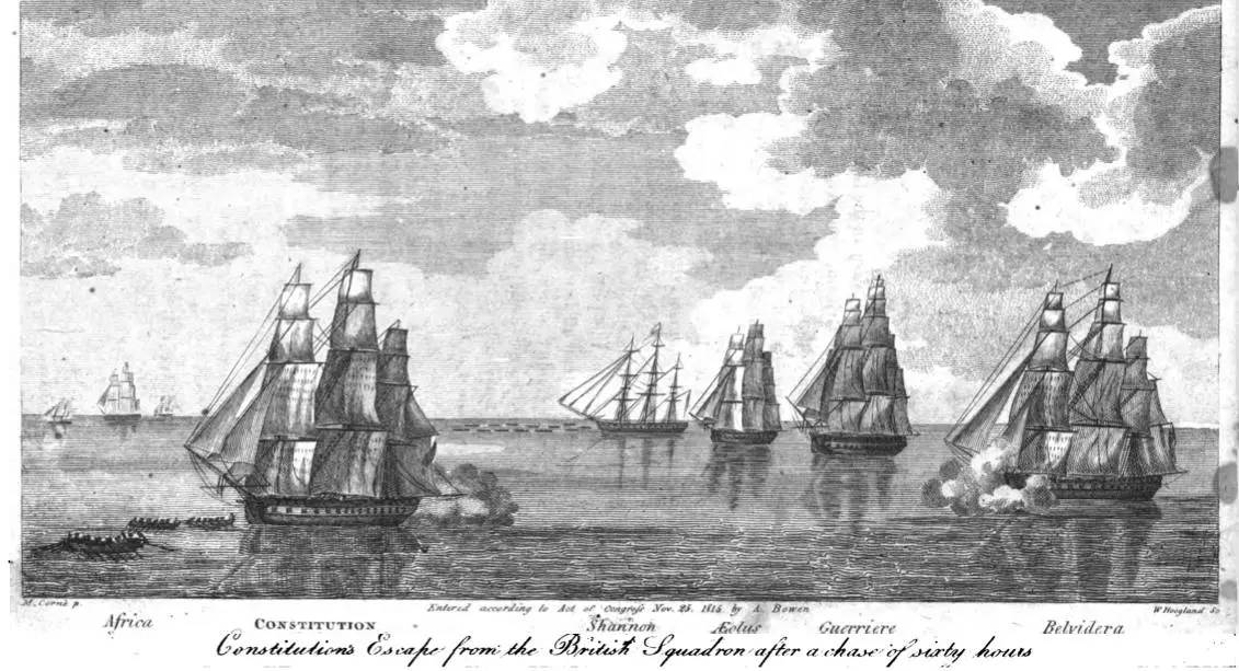 Constitution’s escape from the British squadron in July 1812, with Africa, Shannon, Aeolus, Guerriere and Belvidera in chase (Michele Felice Cornè, engraved by William Hoogland, 1816).
