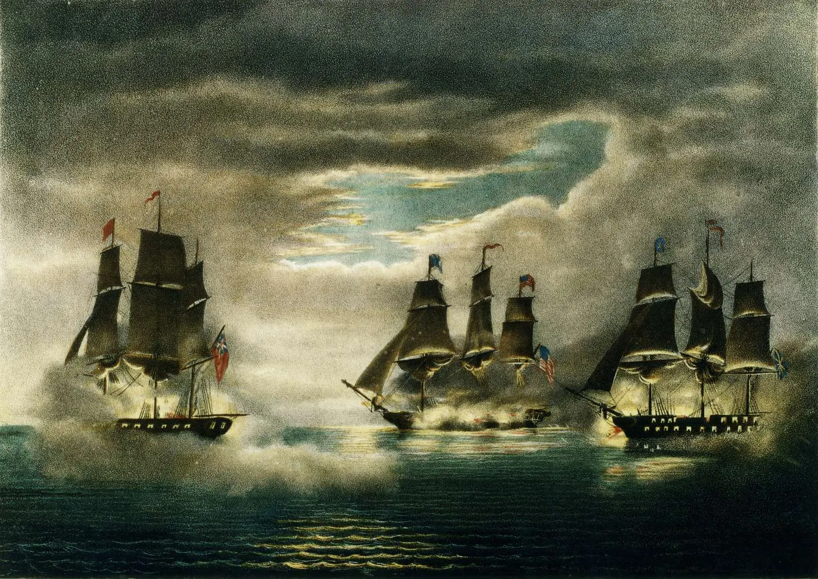 Constitution fights Cyane and Levant at once, 20 February 1815 (lithograph by James Queen after Thomas Birch).