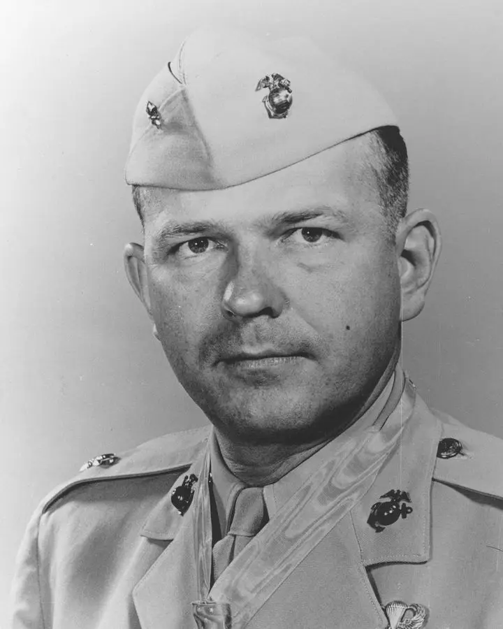 Capt. William E. Barber, USMC, wearing the Medal of Honor earned holding Toktong Pass