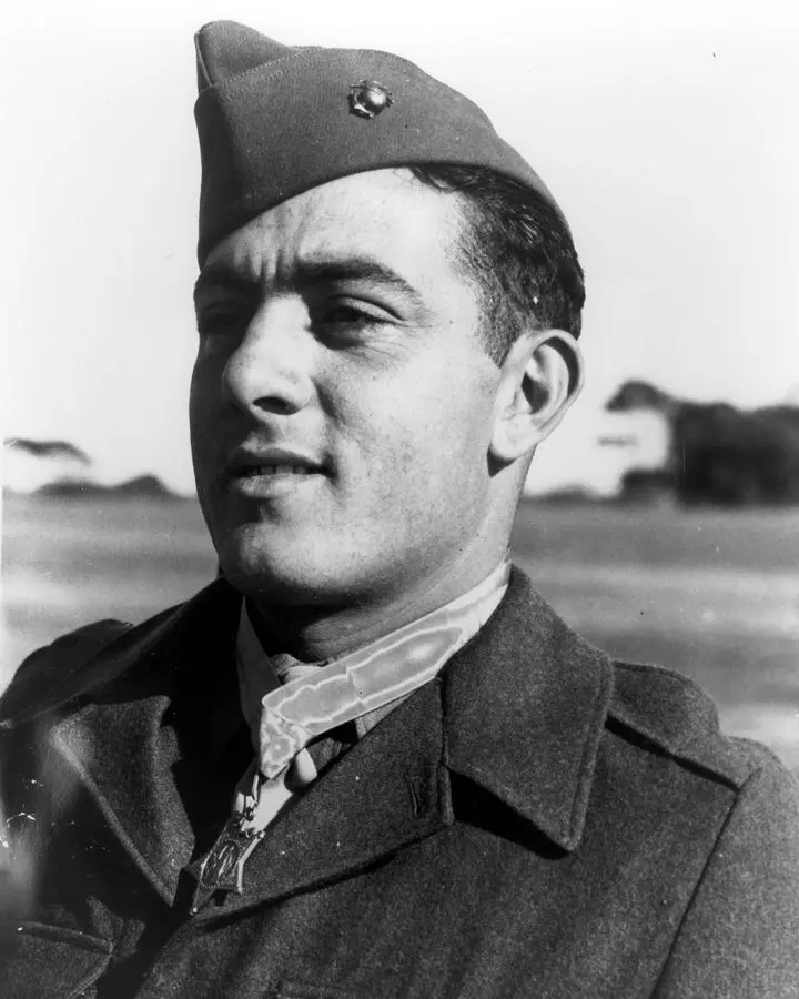 Sgt. John Basilone, USMC, wearing the Medal of Honor earned on Guadalcanal, 1943