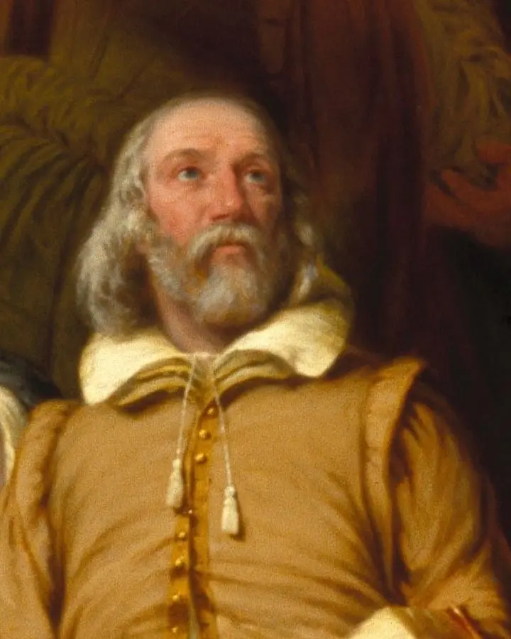 Elder William Brewster holding the Bible, a later imagining from Robert W. Weir's Embarkation of the Pilgrims (1857 version). No portrait of him from life exists. No free portrait of William Brewster is available.