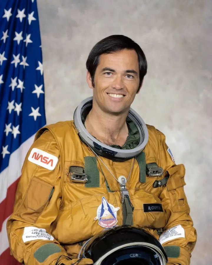 Robert L. Crippen, STS-1 pilot, in his ejection-escape suit, official portrait, May 1979 (S79-31777)