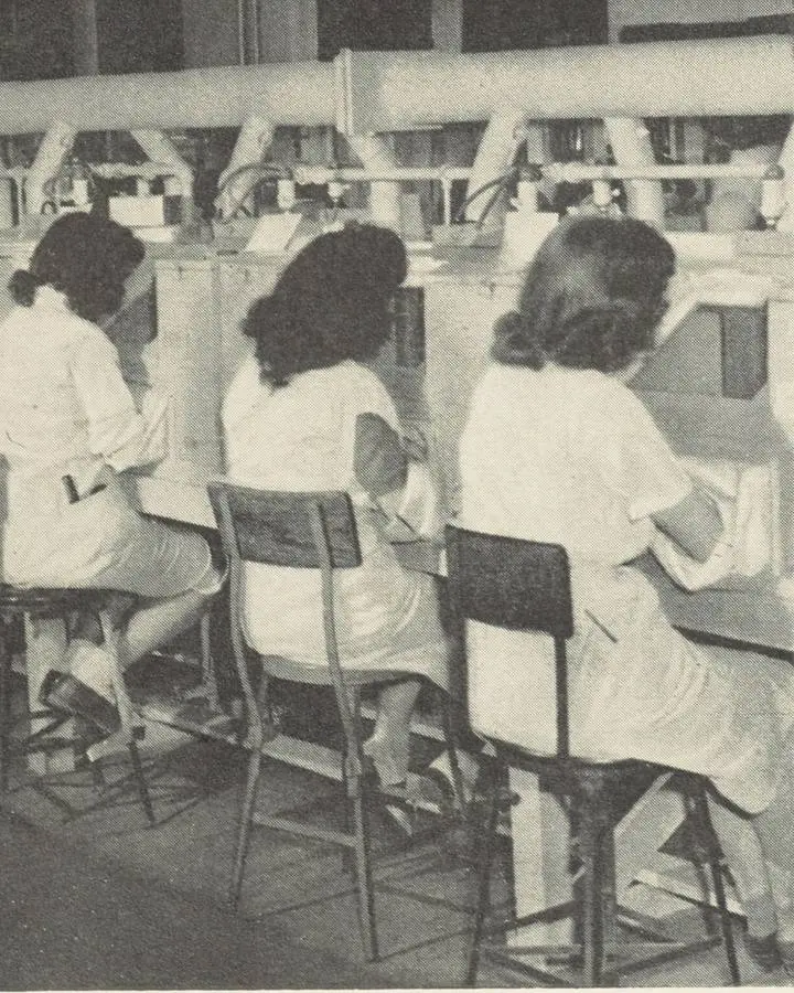Workers package penicillin under ultraviolet lamps at E. R. Squibb & Sons, one of the 21 firms in the War Production Board program, 1944. No free portrait of Albert Elder is available.