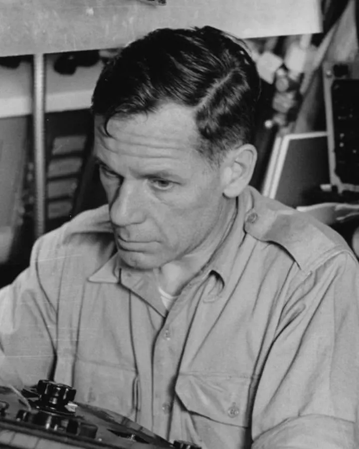 Dr. Waldo K. Lyon at the ice recorder in Nautilus’s attack center, August 1958.