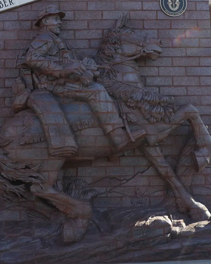 The Mark Nutsch Horse Soldier Monument in his hometown of Washington, Kansas, dedicated 19 November 2022. No free portrait of Mark Nutsch is available.
