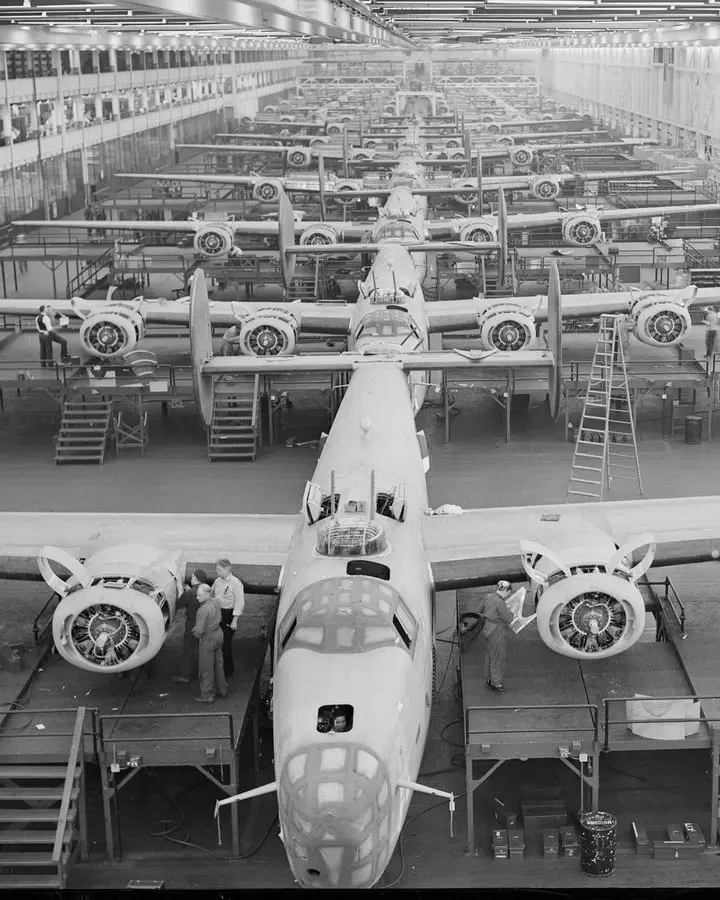 B-24 Liberators on the Willow Run line that Charles Sorensen sketched in a single night in 1941. No free portrait of Sorensen is available.