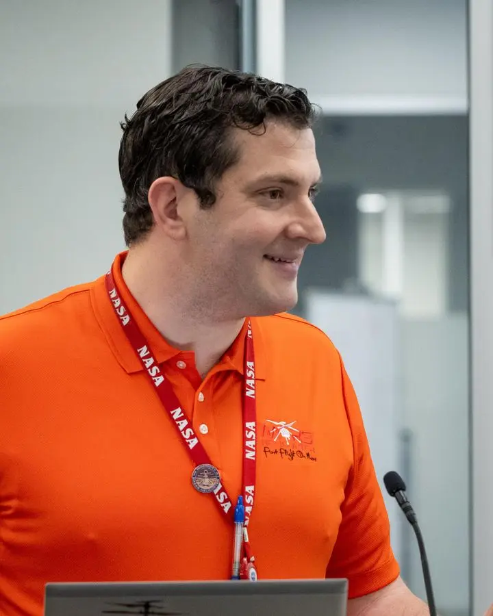 Teddy Tzanetos, Ingenuity project manager, addresses the team on its final shift at JPL, 16 April 2024