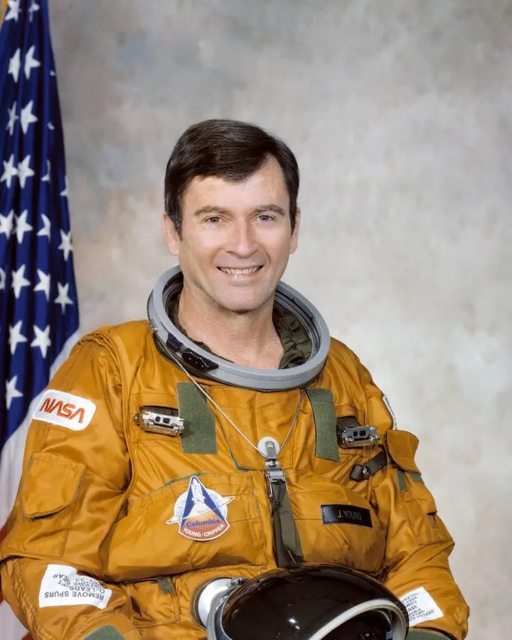 John W. Young, STS-1 commander, in his ejection-escape suit, official portrait, 29 April 1979 (S79-31776)