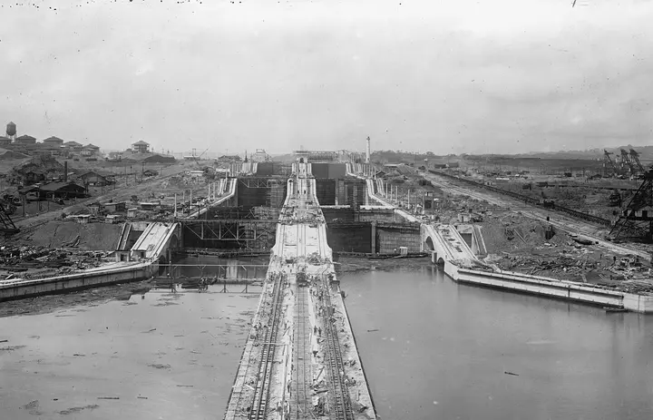 The Gatun Locks from a tower on the approach wall, the sea gates holding back the water, 18 July 1913