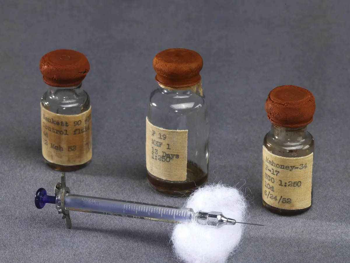 Jonas Salk’s own syringe and vials from his first vaccine tests near Pittsburgh in 1952.