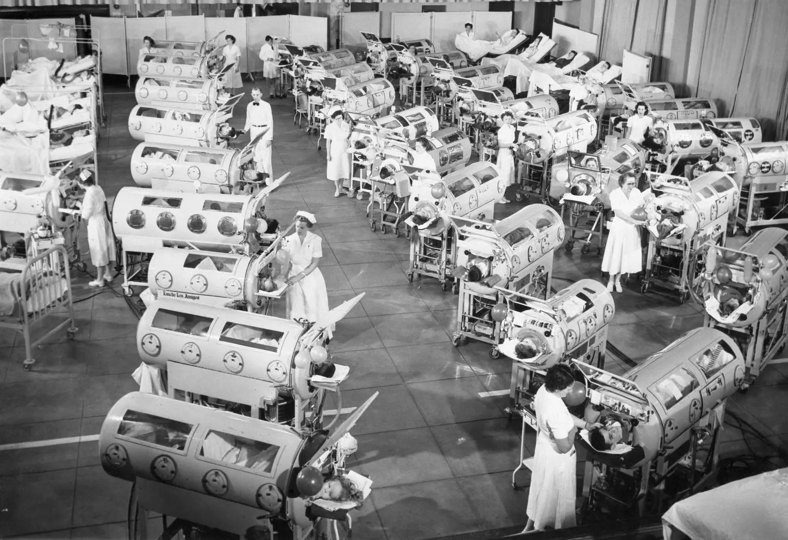 Rows of iron lungs breathe for polio patients in a hospital ward, about 1953.