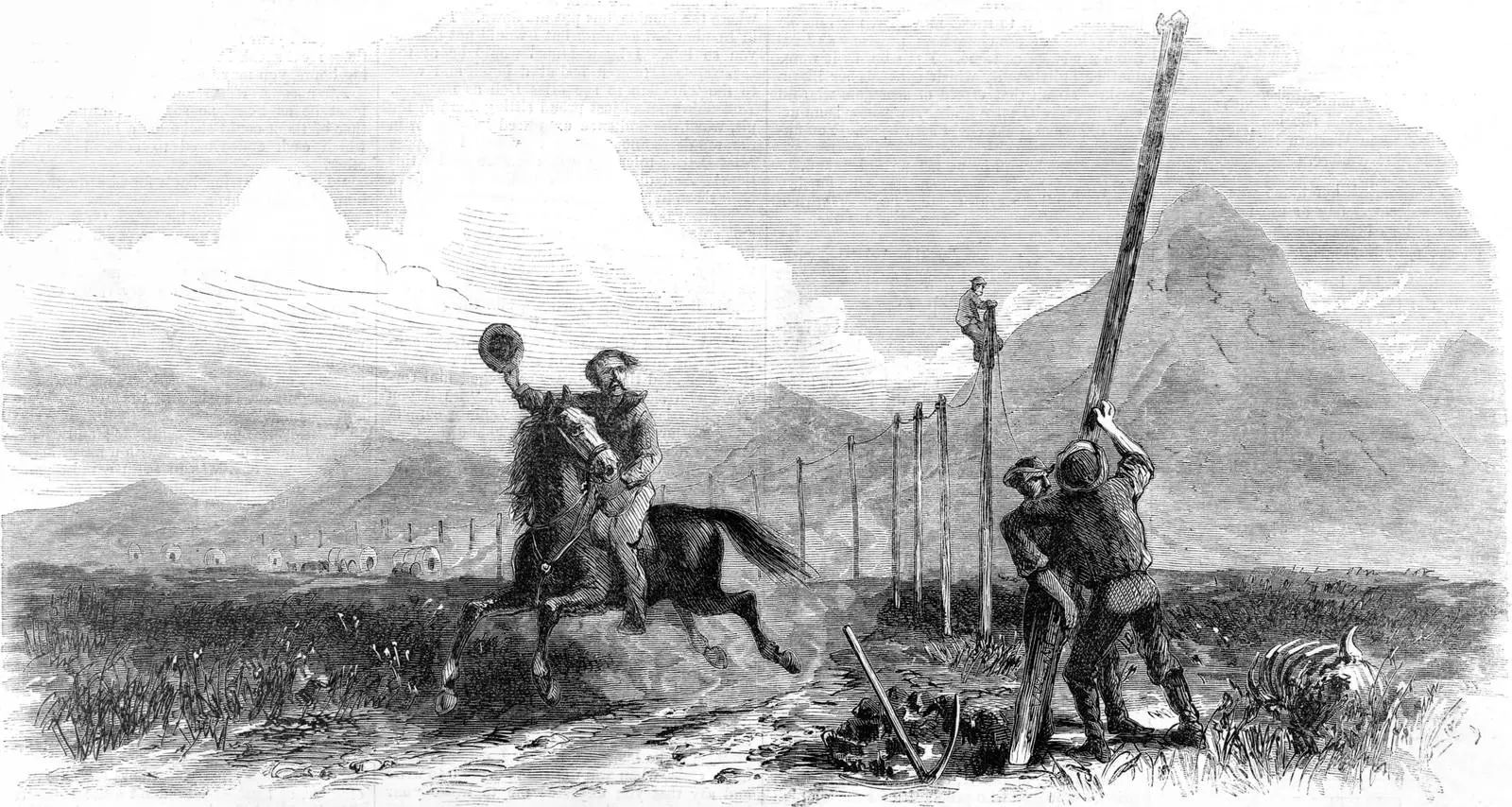 “The Overland Pony Express”: a rider salutes the crews raising the transcontinental telegraph, from a painting by George M. Ottinger. Harper’s Weekly, 2 November 1867.