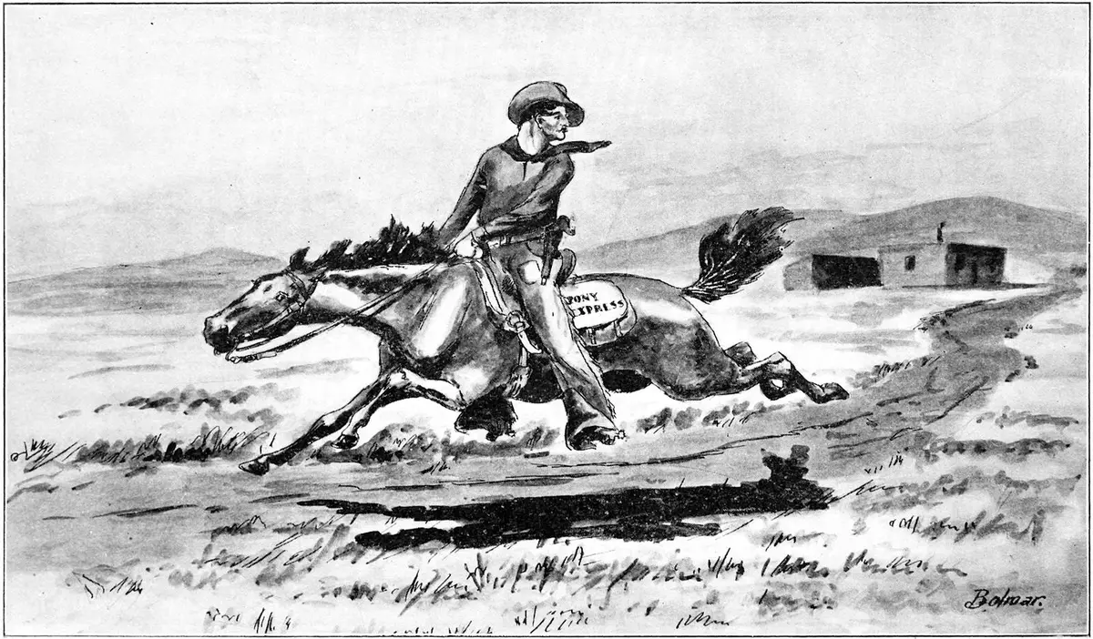 “Pony Express en route across the plains,” from Root and Connelley’s The Overland Stage to California, 1901.