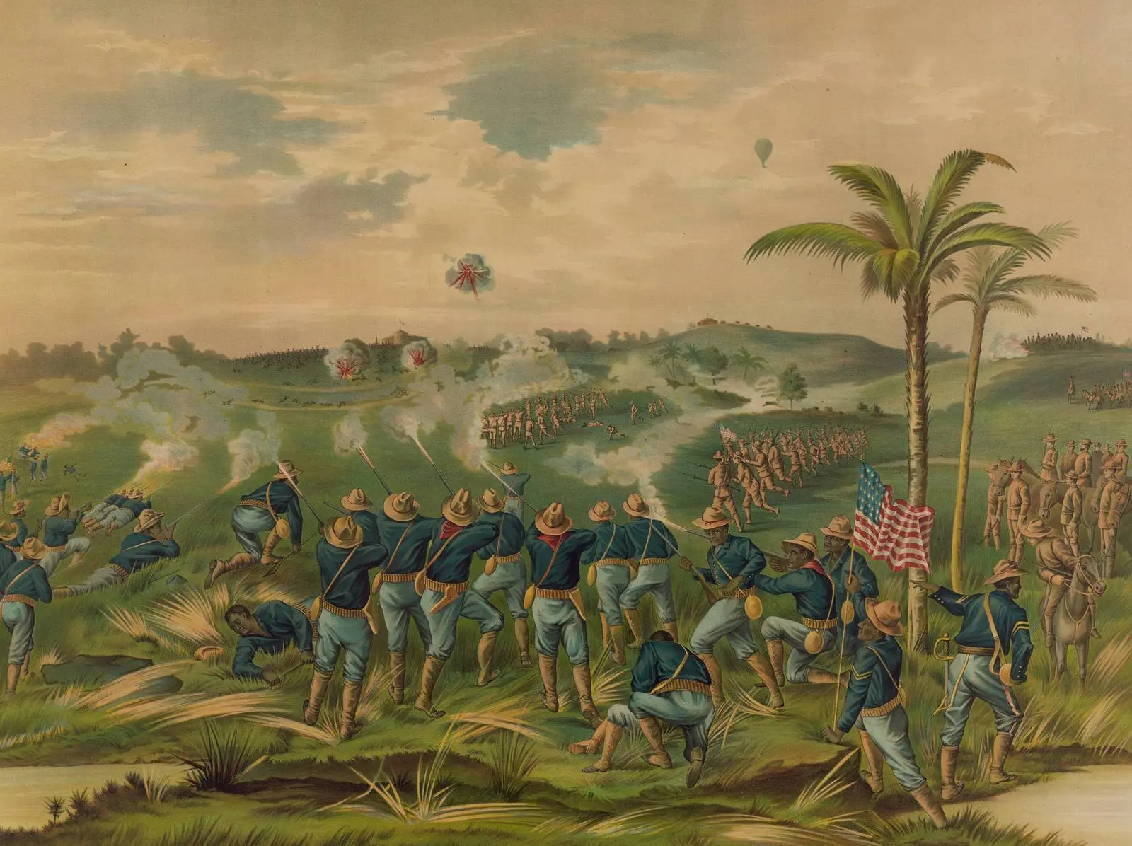 “How the Day Was Won”: a period lithograph of the 10th Cavalry charging up the San Juan Heights on 1 July 1898, with the Signal Corps balloon over the field