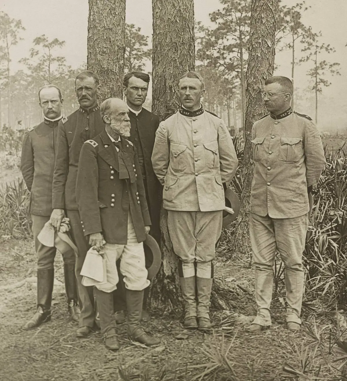 Officers of the 1st U.S. Volunteer Cavalry, the Rough Riders, at Tampa before sailing for Cuba, 1898. Roosevelt stands at far right