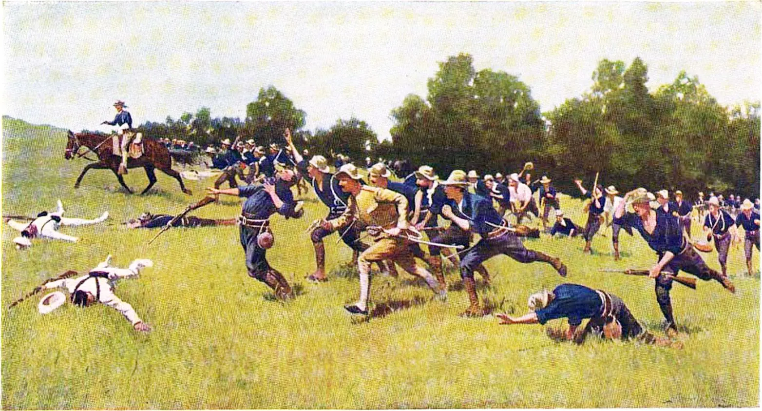 Lt. Col. Theodore Roosevelt rides at the head of the charge up Kettle Hill, 1 July 1898, in Frederic Remington’s Charge of the Rough Riders at San Juan Hill