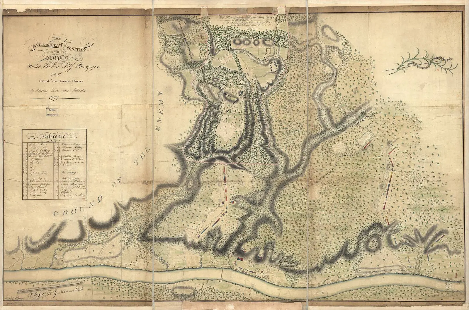 A British engineer’s 1777 map of Burgoyne’s camps at Freeman’s Farm, with the ground toward the American lines marked “Ground of the Enemy.”