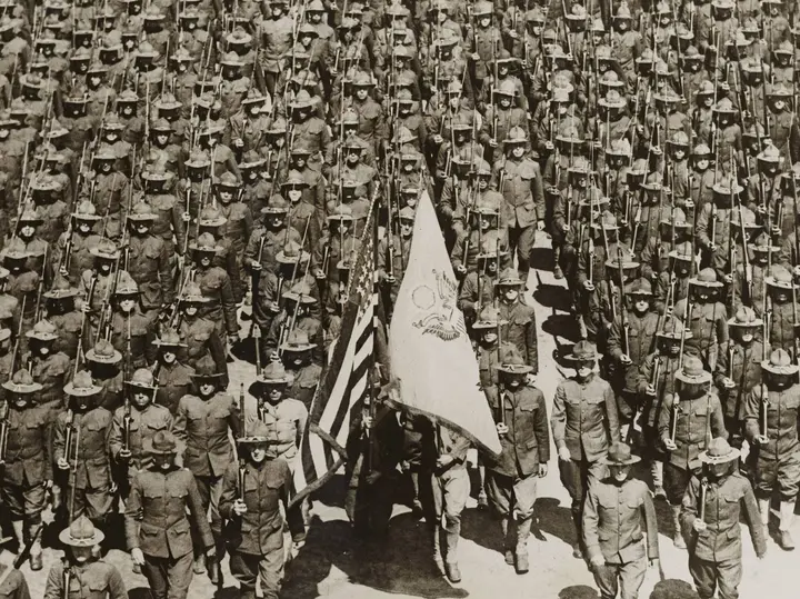 York's regiment, the 328th Infantry, passes in review at Camp Gordon, Georgia, 1917–1918