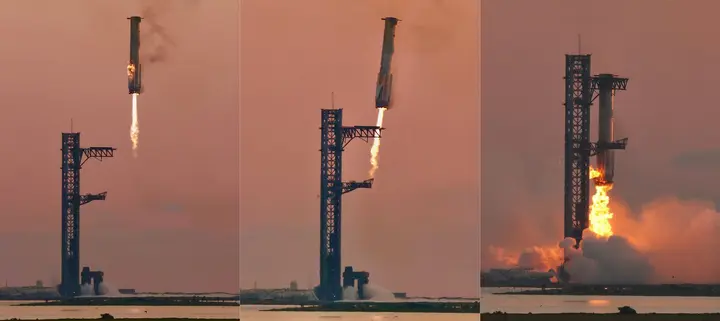 Booster 12 comes home in three frames: the descent, the landing burn and the catch, 13 October 2024.
